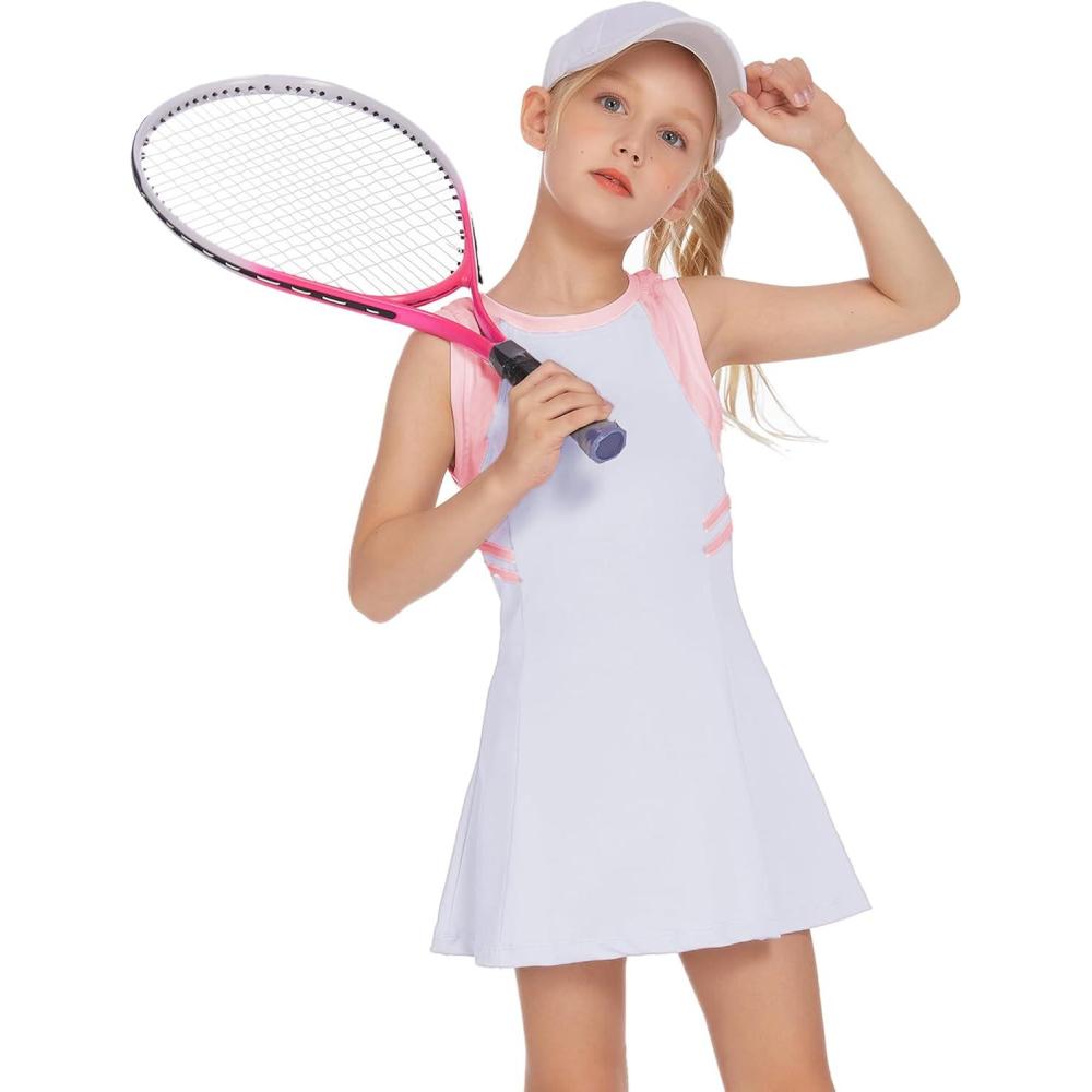 imageZaclotre Girls Tennis Dress Cute Golf Outfit Sleeveless Workout Athletic Dresses with Shorts Pockets1white