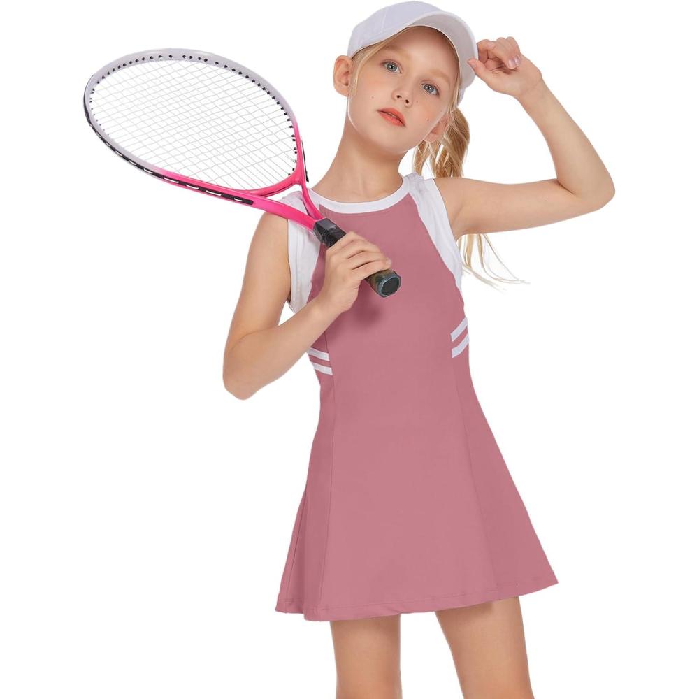imageZaclotre Girls Tennis Dress Cute Golf Outfit Sleeveless Workout Athletic Dresses with Shorts PocketsDark Pink