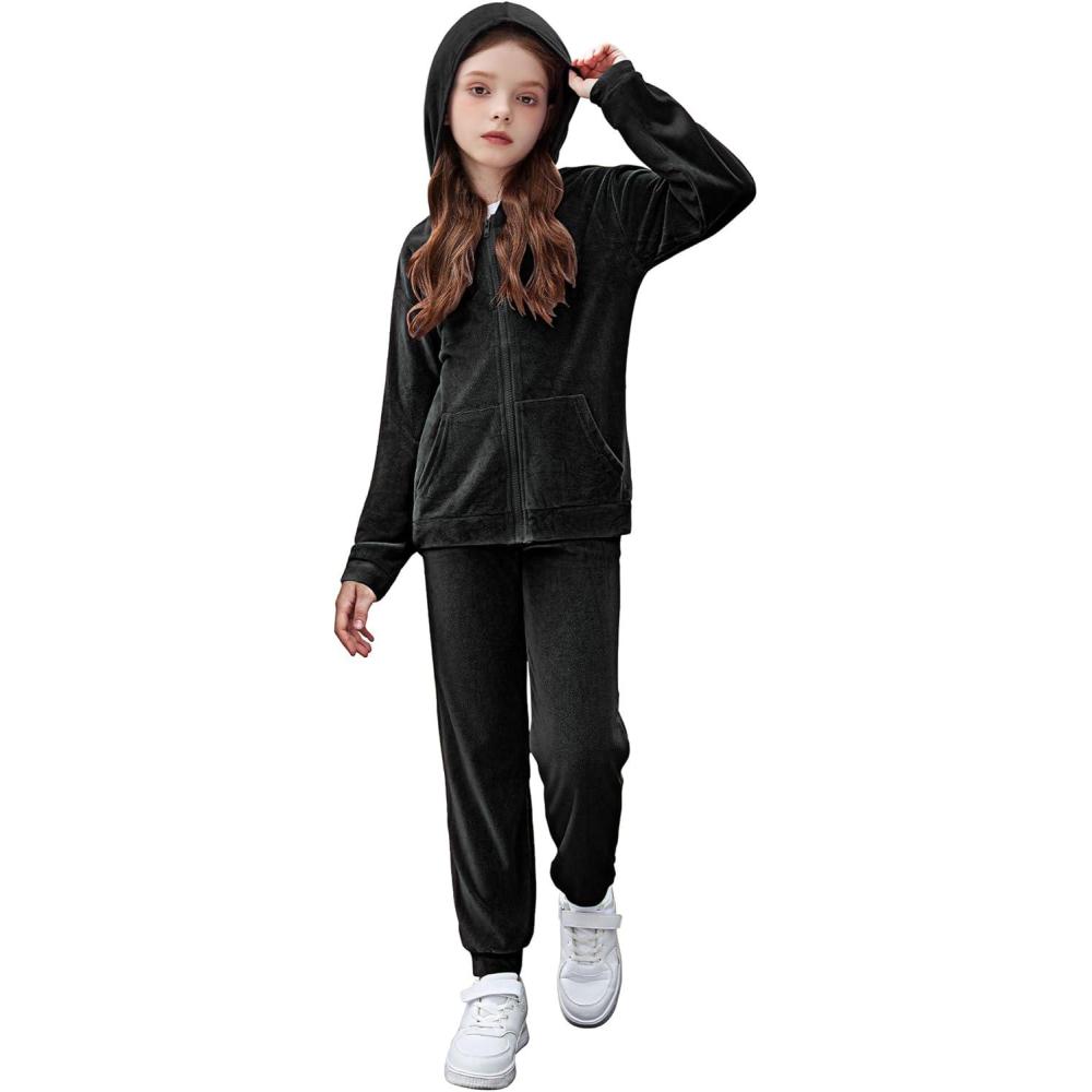imageZaclotre Girls Velour Tracksuits 2 Piece Outfits Zip Up Hoodie and Jogger Sweatpant Sweatsuits Athletic Clothing SetsBlack