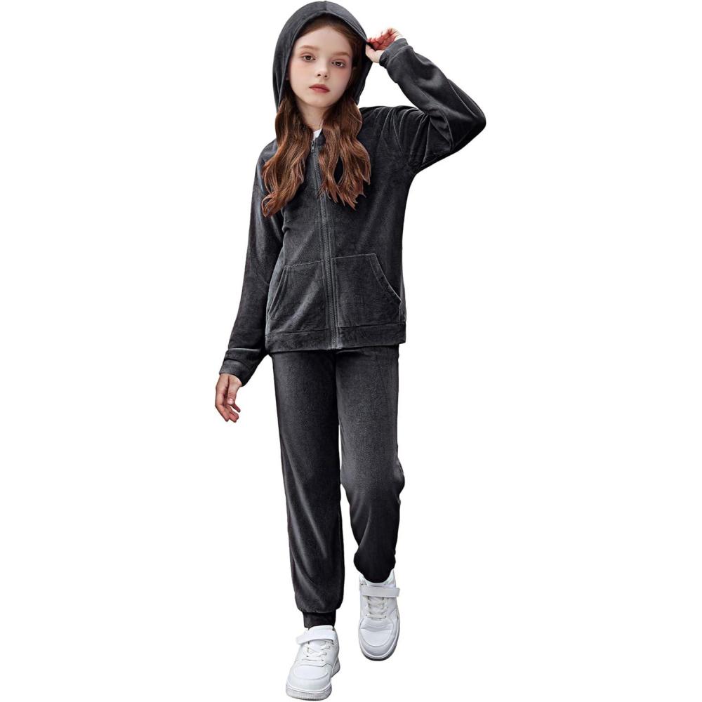 imageZaclotre Girls Velour Tracksuits 2 Piece Outfits Zip Up Hoodie and Jogger Sweatpant Sweatsuits Athletic Clothing SetsDark Gray