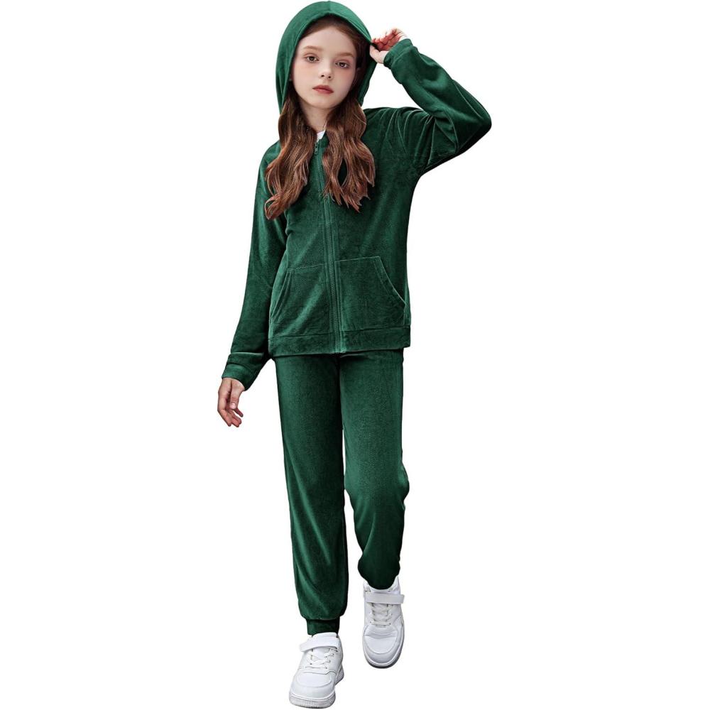 imageZaclotre Girls Velour Tracksuits 2 Piece Outfits Zip Up Hoodie and Jogger Sweatpant Sweatsuits Athletic Clothing SetsDark Green