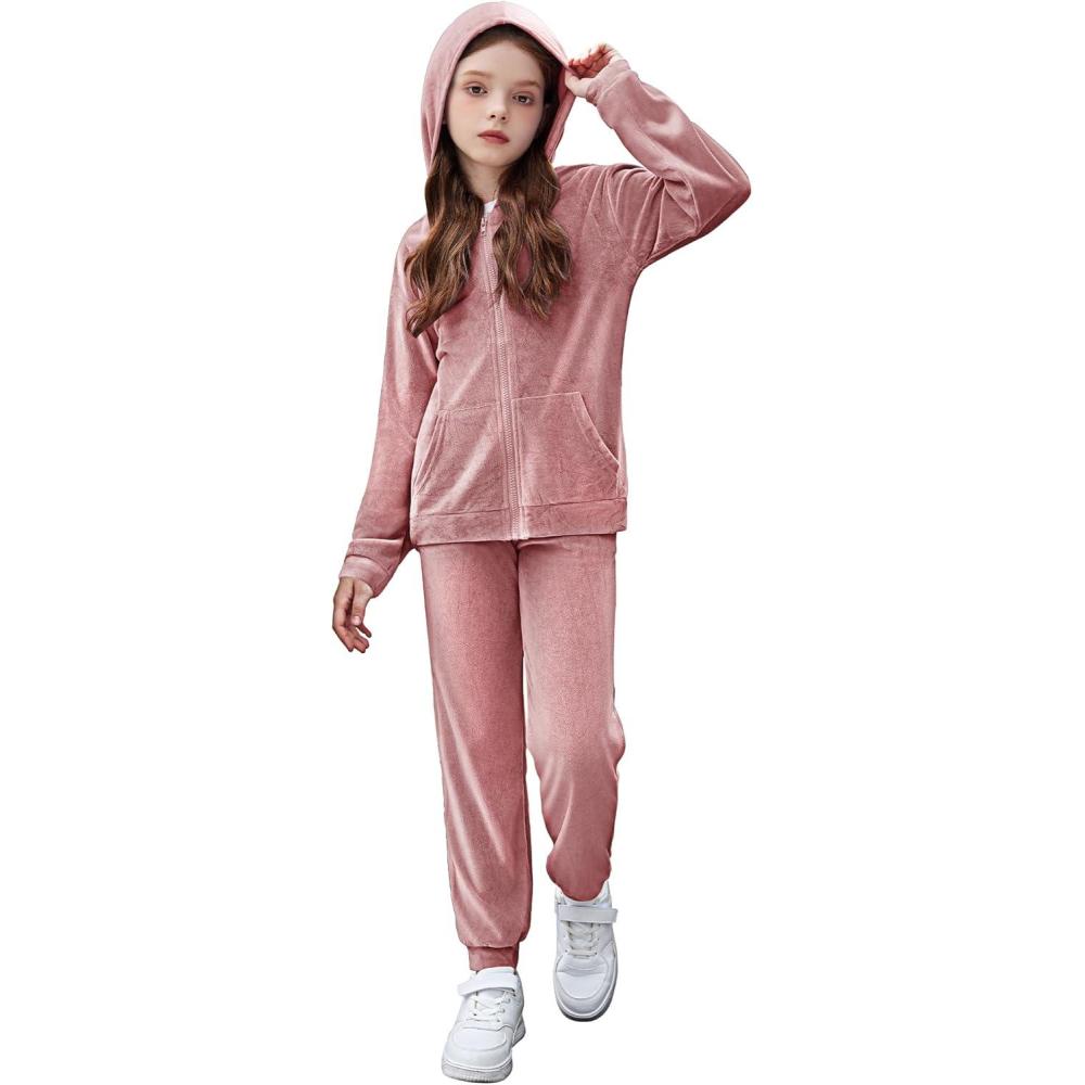 imageZaclotre Girls Velour Tracksuits 2 Piece Outfits Zip Up Hoodie and Jogger Sweatpant Sweatsuits Athletic Clothing SetsPink