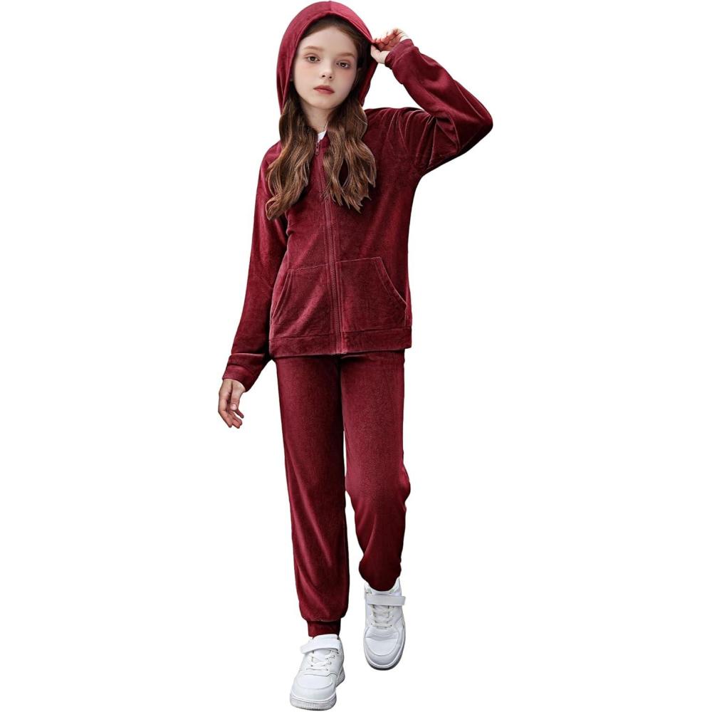 imageZaclotre Girls Velour Tracksuits 2 Piece Outfits Zip Up Hoodie and Jogger Sweatpant Sweatsuits Athletic Clothing SetsWine Red