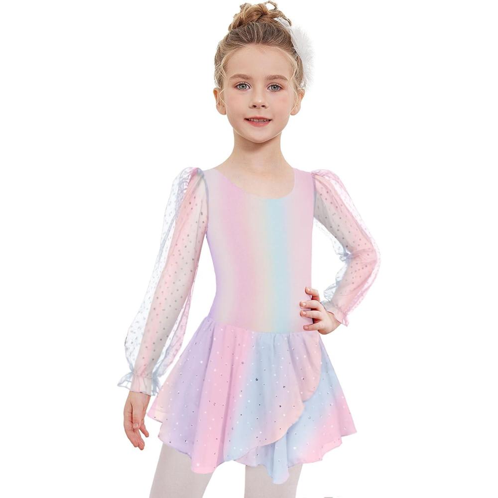 imageZaclotre Gymnastics Ballet Leotards for Girls Mesh Puff Long Sleeve Leotard for DanceGradient Rainbow