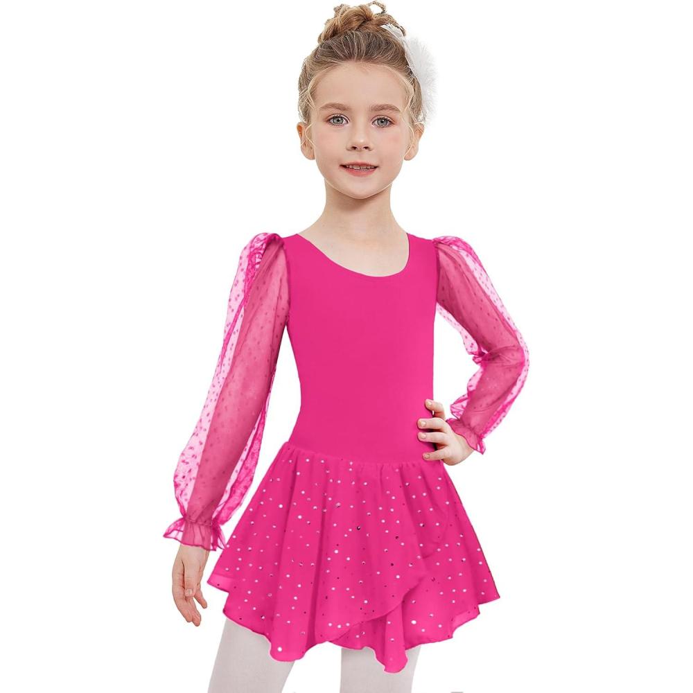 imageZaclotre Gymnastics Ballet Leotards for Girls Mesh Puff Long Sleeve Leotard for DanceHot Pink