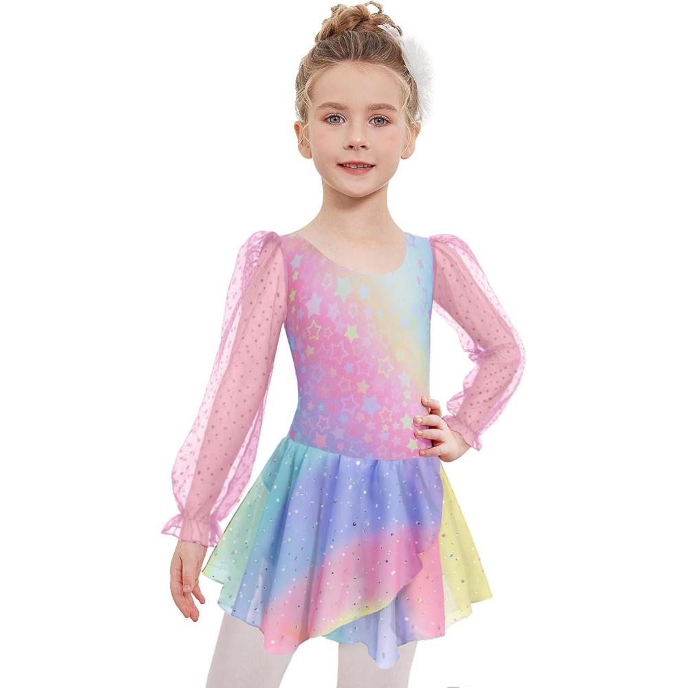 imageZaclotre Gymnastics Ballet Leotards for Girls Mesh Puff Long Sleeve Leotard for DanceRainbow Stars