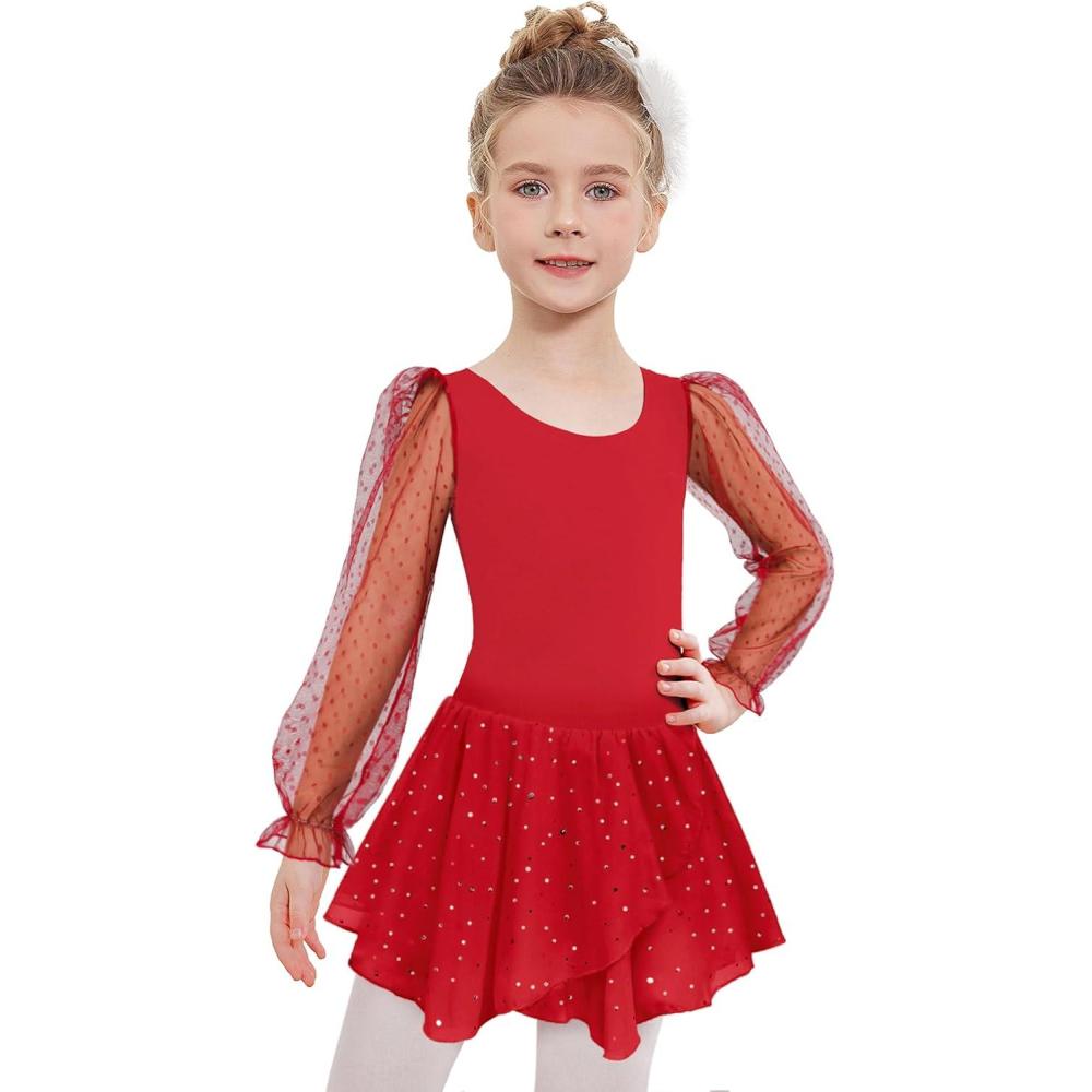imageZaclotre Gymnastics Ballet Leotards for Girls Mesh Puff Long Sleeve Leotard for DanceRed