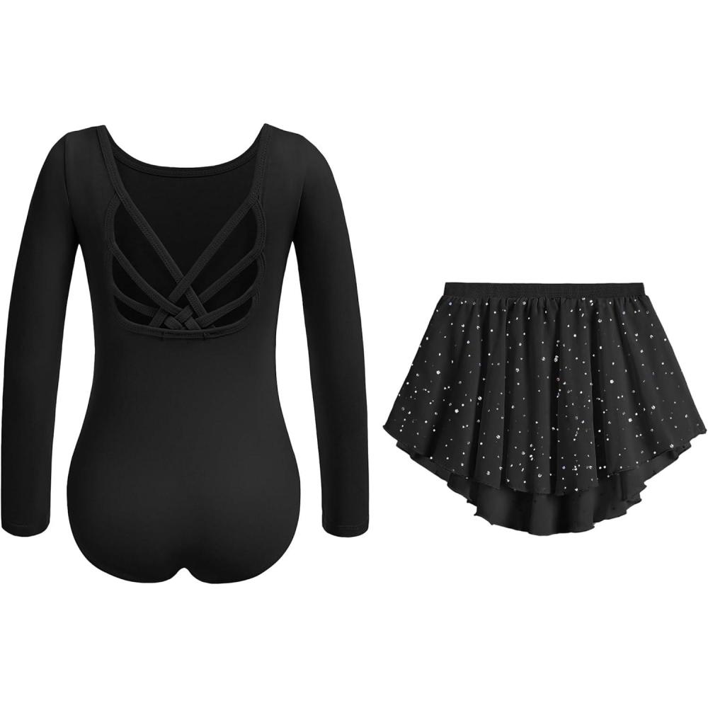 imageZaclotre Gymnastics Leotards for Girls Long Sleeve Crisscross Back Ballet Dance Outfit with Removable Skirt ComboBlack