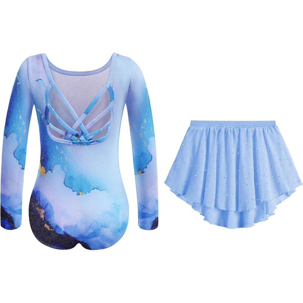 imageZaclotre Gymnastics Leotards for Girls Long Sleeve Crisscross Back Ballet Dance Outfit with Removable Skirt ComboBlue Marble