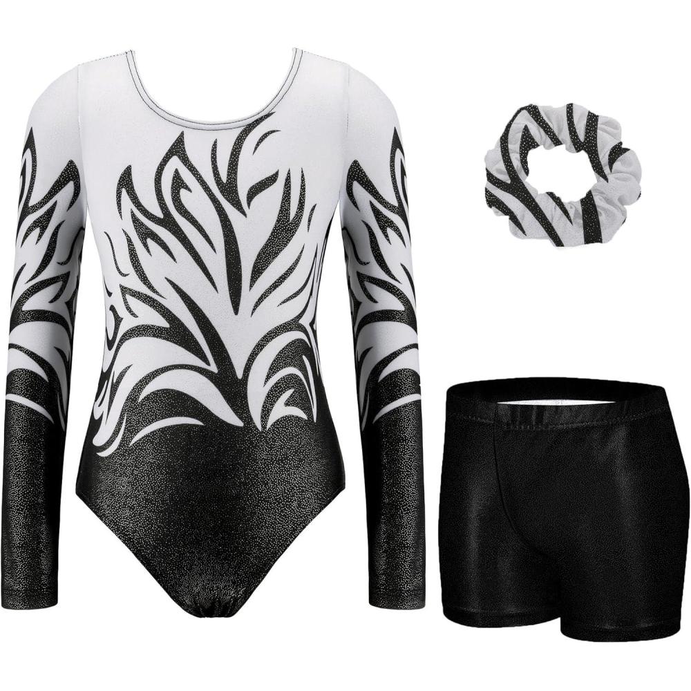 imageZaclotre Gymnastics Leotards for Girls Long Sleeve Sparkly Dance Unitards Biketards with Tumbling ShortsBlack Flame