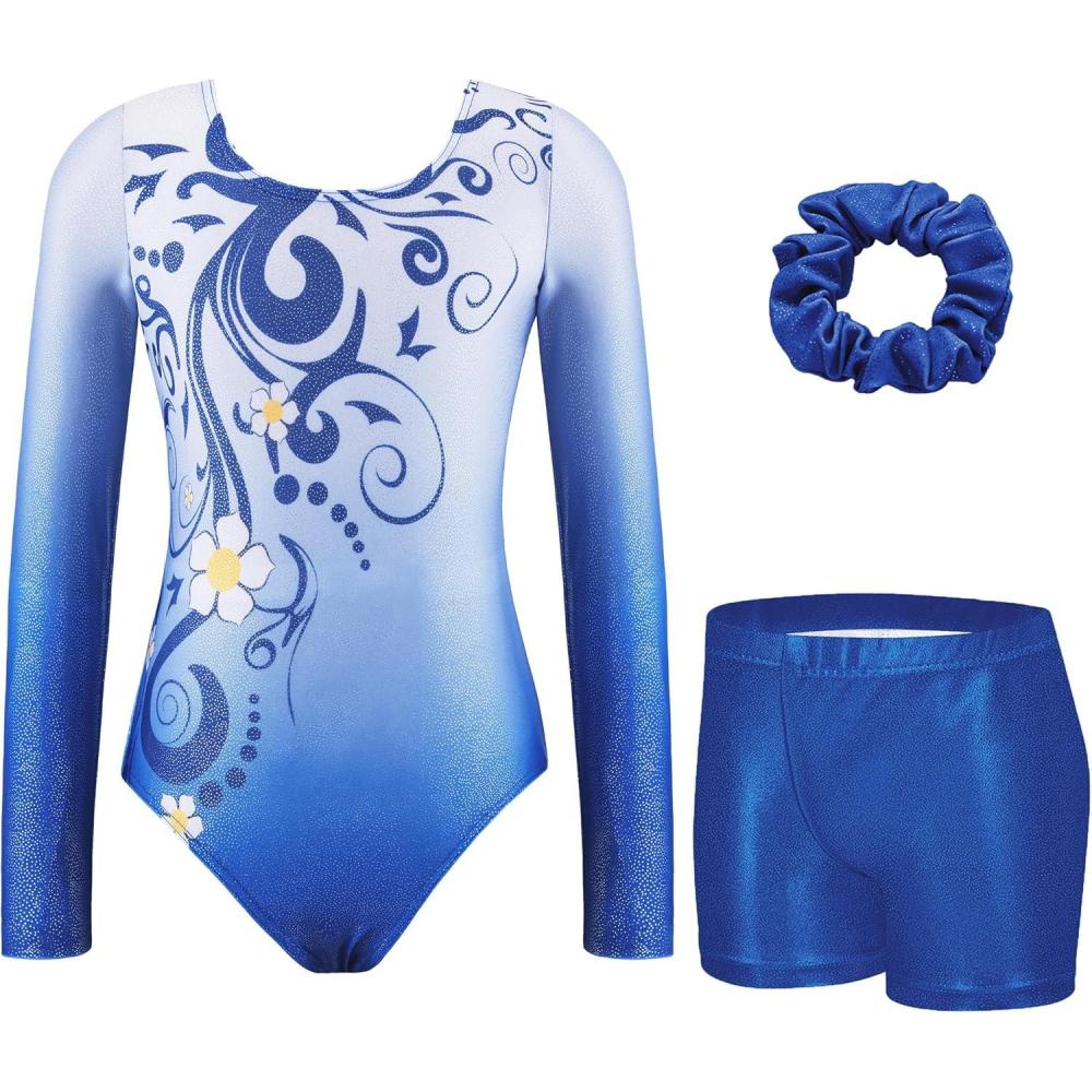 imageZaclotre Gymnastics Leotards for Girls Long Sleeve Sparkly Dance Unitards Biketards with Tumbling ShortsBlue Flower