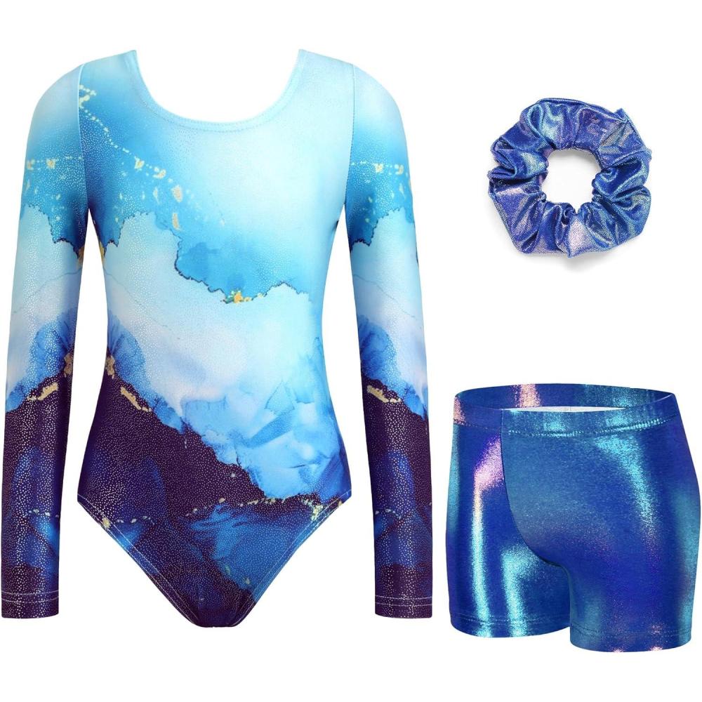 imageZaclotre Gymnastics Leotards for Girls Long Sleeve Sparkly Dance Unitards Biketards with Tumbling ShortsBlue Marble