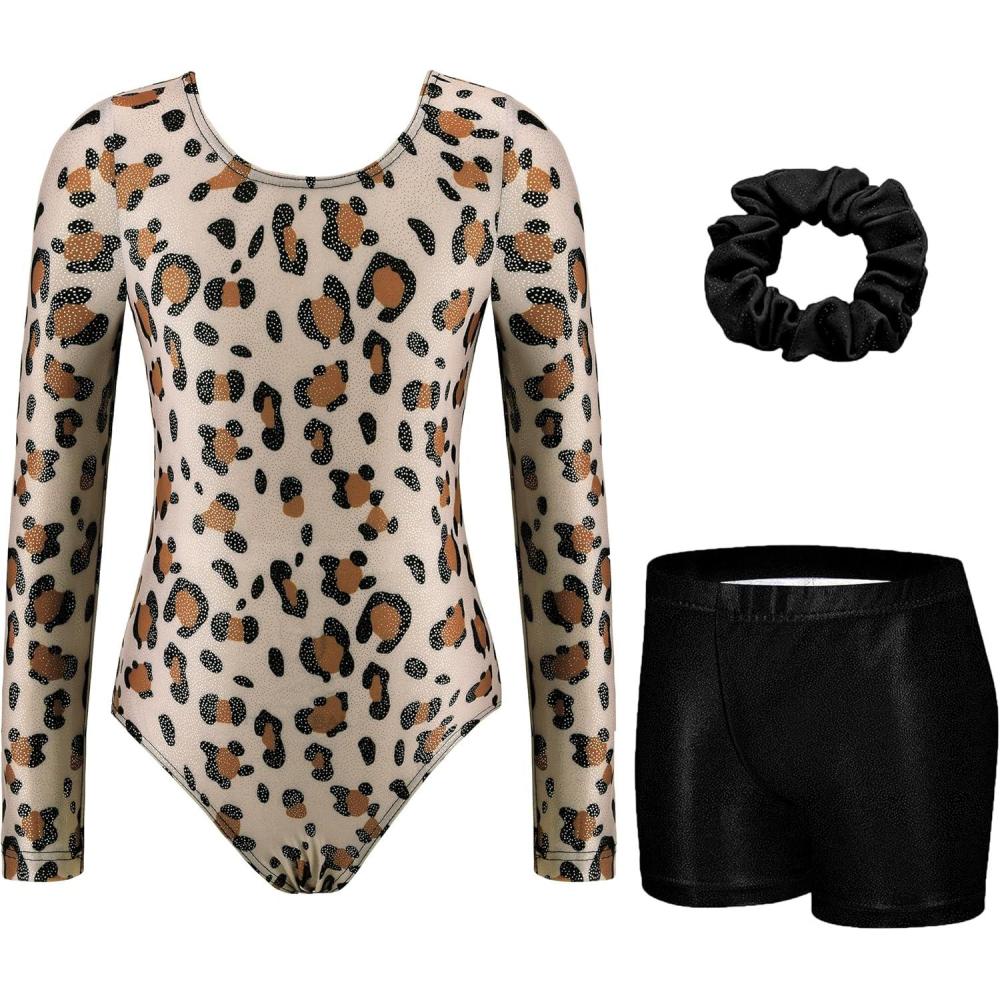 imageZaclotre Gymnastics Leotards for Girls Long Sleeve Sparkly Dance Unitards Biketards with Tumbling ShortsBrown Leopard