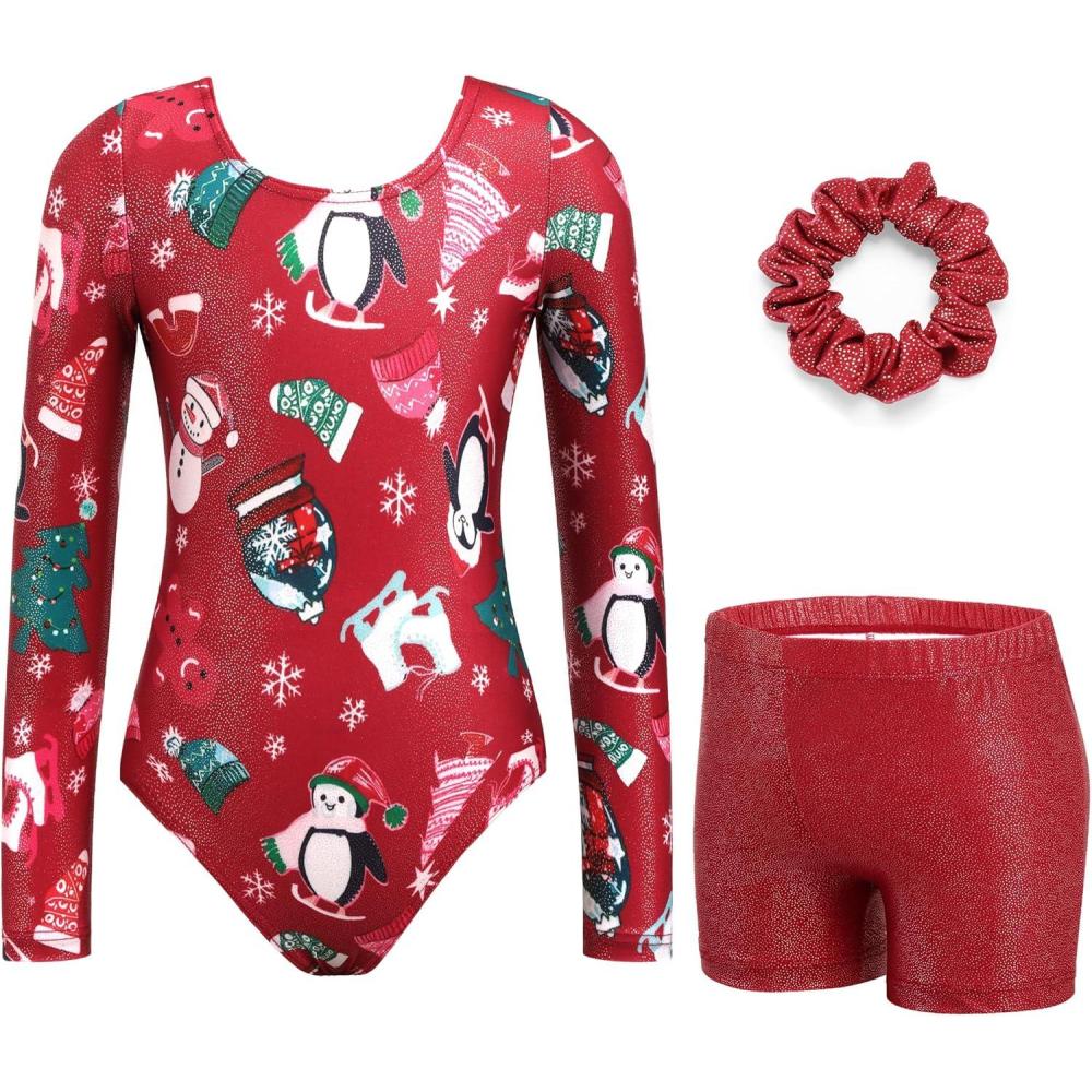 imageZaclotre Gymnastics Leotards for Girls Long Sleeve Sparkly Dance Unitards Biketards with Tumbling ShortsChristmas