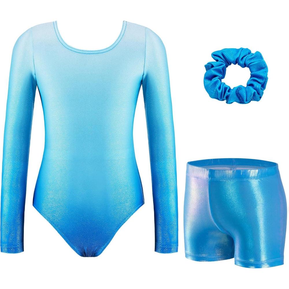imageZaclotre Gymnastics Leotards for Girls Long Sleeve Sparkly Dance Unitards Biketards with Tumbling ShortsGradient Blue