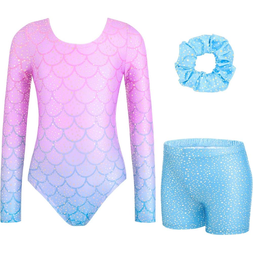 imageZaclotre Gymnastics Leotards for Girls Long Sleeve Sparkly Dance Unitards Biketards with Tumbling ShortsMermaid