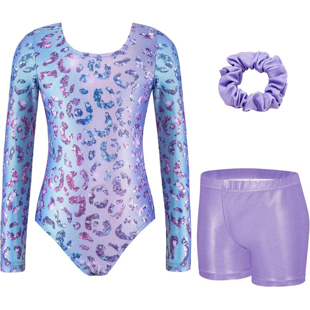 imageZaclotre Gymnastics Leotards for Girls Long Sleeve Sparkly Dance Unitards Biketards with Tumbling ShortsPurple Leopard
