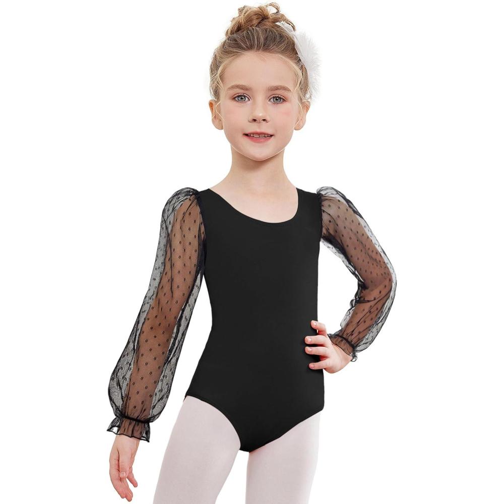 imageZaclotre Gymnastics Leotards for Girls Polka Dots Mesh Long Sleeve Ballet Dance Outfit Toddler Size 311 YearsBlack