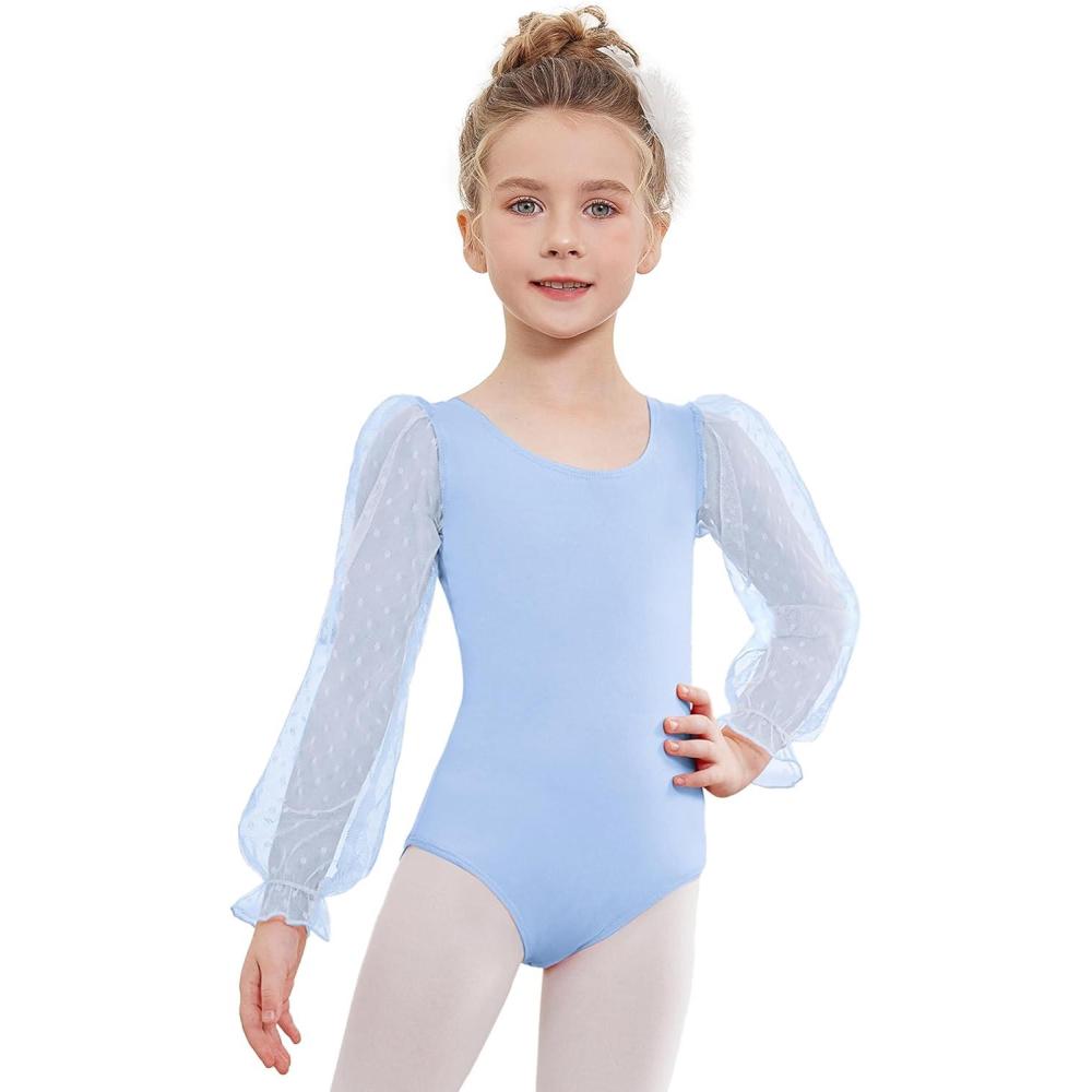 imageZaclotre Gymnastics Leotards for Girls Polka Dots Mesh Long Sleeve Ballet Dance Outfit Toddler Size 311 YearsBlue