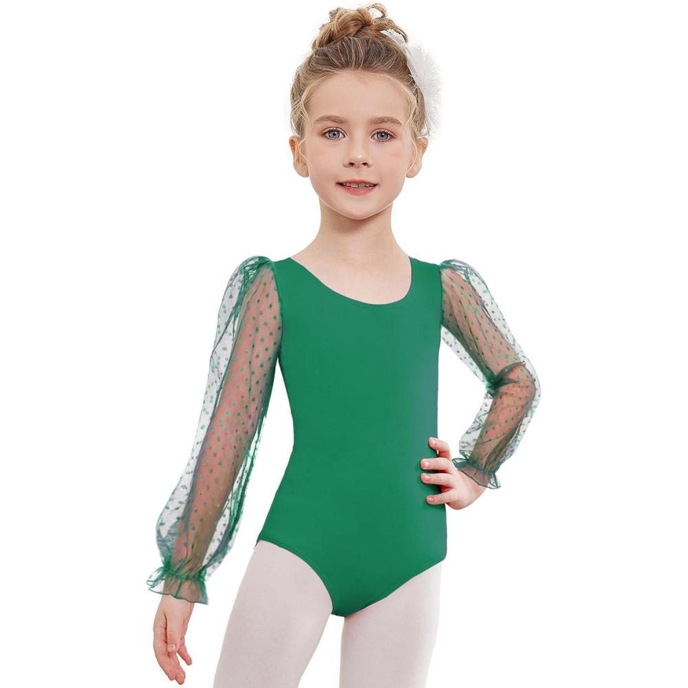 imageZaclotre Gymnastics Leotards for Girls Polka Dots Mesh Long Sleeve Ballet Dance Outfit Toddler Size 311 YearsGreen