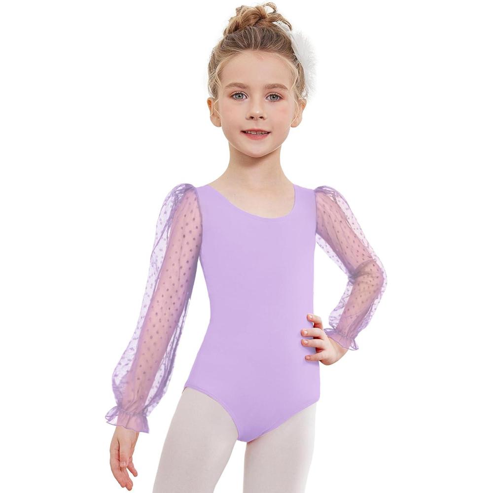 imageZaclotre Gymnastics Leotards for Girls Polka Dots Mesh Long Sleeve Ballet Dance Outfit Toddler Size 311 YearsLilac