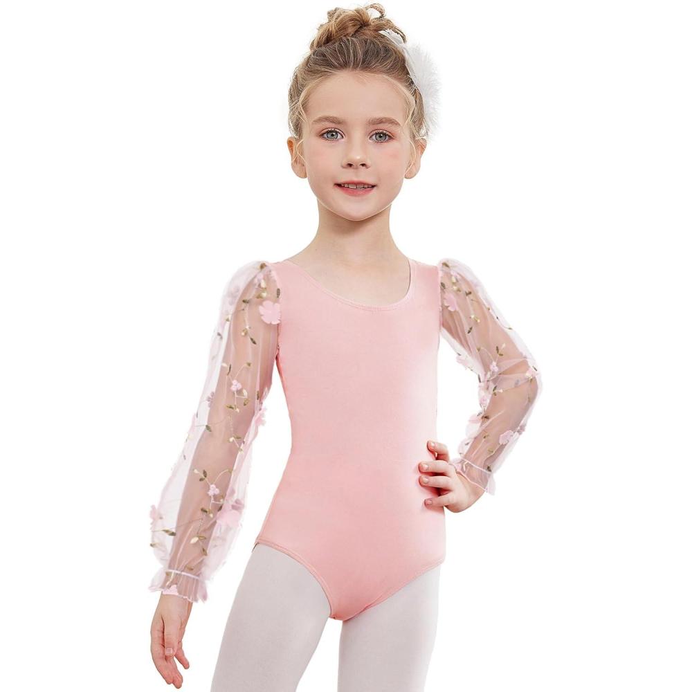 imageZaclotre Gymnastics Leotards for Girls Polka Dots Mesh Long Sleeve Ballet Dance Outfit Toddler Size 311 YearsPinkFloral Sleeve
