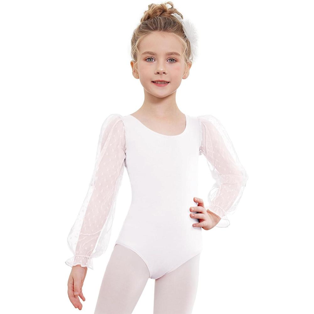 imageZaclotre Gymnastics Leotards for Girls Polka Dots Mesh Long Sleeve Ballet Dance Outfit Toddler Size 311 YearsWhite