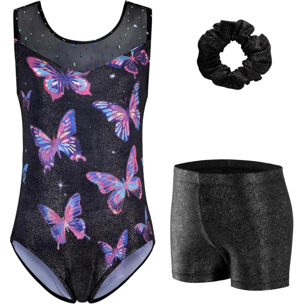 imageZaclotre Gymnastics Leotards for Girls Sparkly Ballet Dance Biketards Tumbling Outfit with Matching Shorts SetBlack Butterfly