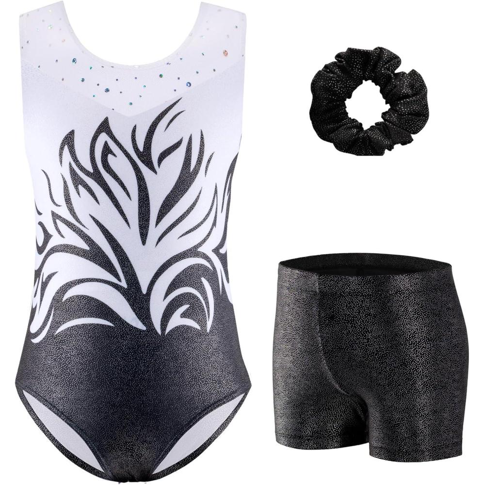 imageZaclotre Gymnastics Leotards for Girls Sparkly Ballet Dance Biketards Tumbling Outfit with Matching Shorts SetBlack Fire
