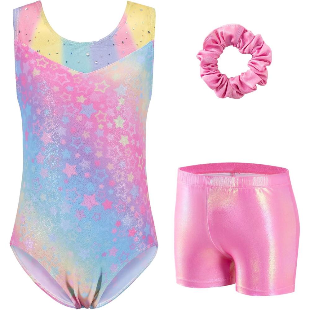 imageZaclotre Gymnastics Leotards for Girls Sparkly Ballet Dance Biketards Tumbling Outfit with Matching Shorts SetRainbow Stars