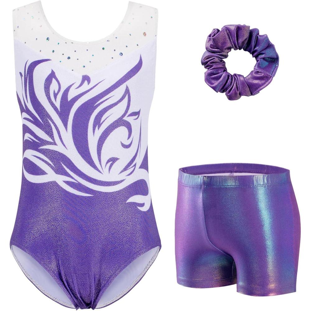 imageZaclotre Gymnastics Leotards for Girls Sparkly Ballet Dance Biketards Tumbling Outfit with Matching Shorts SetShiny Purple White