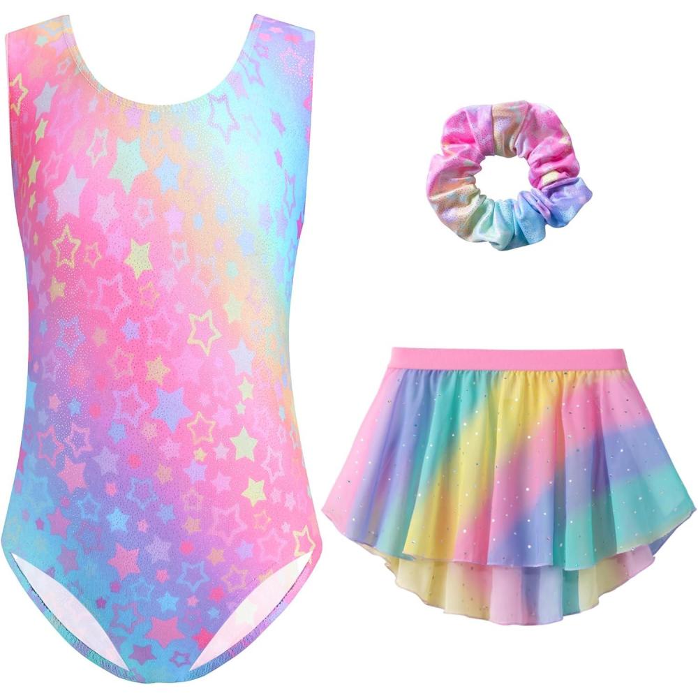 imageZaclotre Gymnastics Leotards for Girls Sparkly Sleeveless Ballet Dance Dress Outfit Combo with Removable SkirtShiny Rainbow