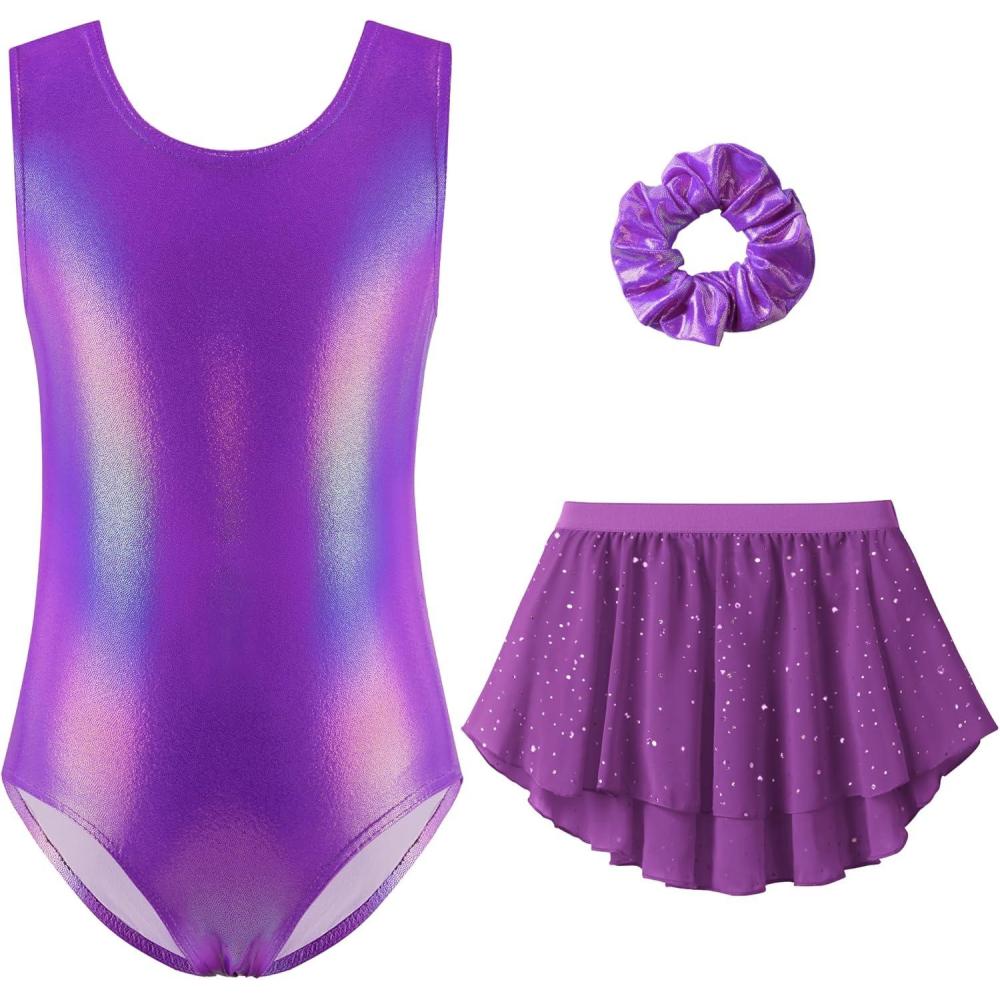 imageZaclotre Gymnastics Leotards for Girls Sparkly Sleeveless Ballet Dance Dress Outfit Combo with Removable SkirtSparkly Purple