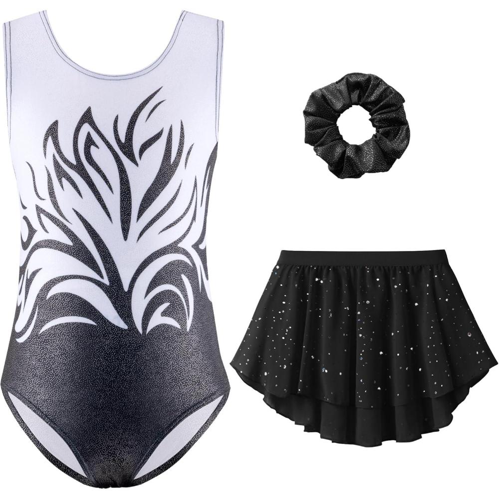 imageZaclotre Gymnastics Leotards for Girls Sparkly Sleeveless Ballet Dance Dress Outfit Combo with Removable SkirtWhite and Black