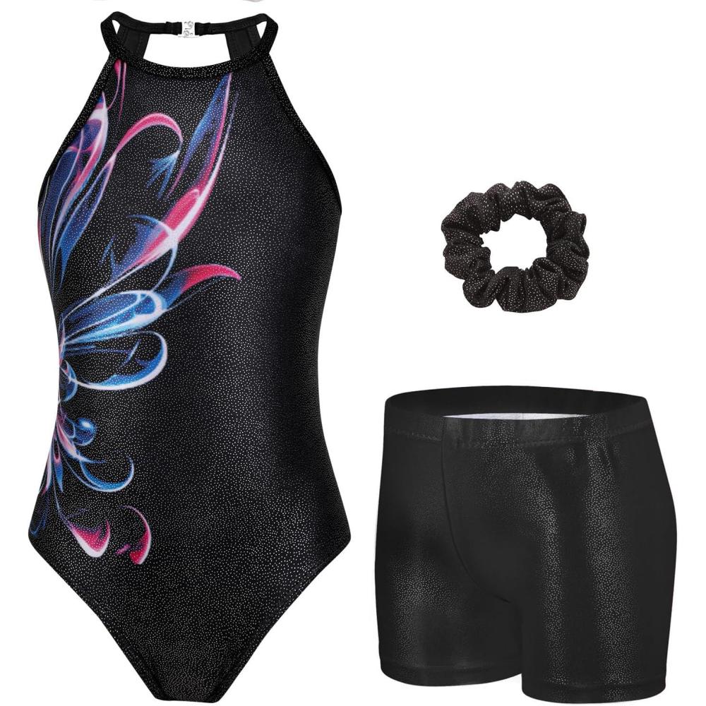 imageZaclotre Gymnastics Leotards for Girls Sparkly Sleeveless Clasp Back Dance Leotard Unitards with Tumbling ShortsBlack Abstract