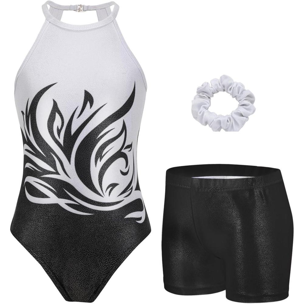imageZaclotre Gymnastics Leotards for Girls Sparkly Sleeveless Clasp Back Dance Leotard Unitards with Tumbling ShortsBlack Flame