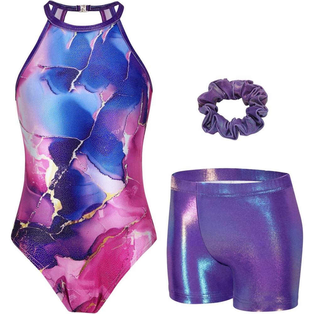 imageZaclotre Gymnastics Leotards for Girls Sparkly Sleeveless Clasp Back Dance Leotard Unitards with Tumbling ShortsPurple Marble