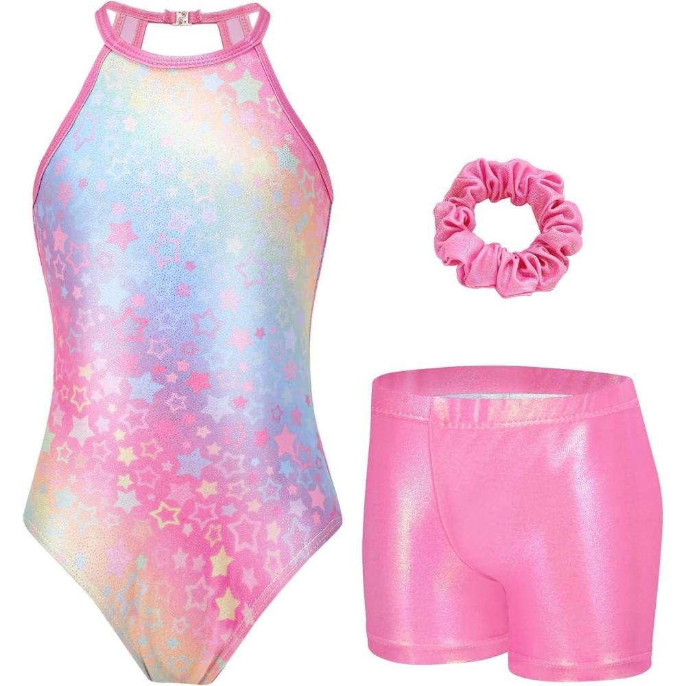 imageZaclotre Gymnastics Leotards for Girls Sparkly Sleeveless Clasp Back Dance Leotard Unitards with Tumbling ShortsRainbow Star