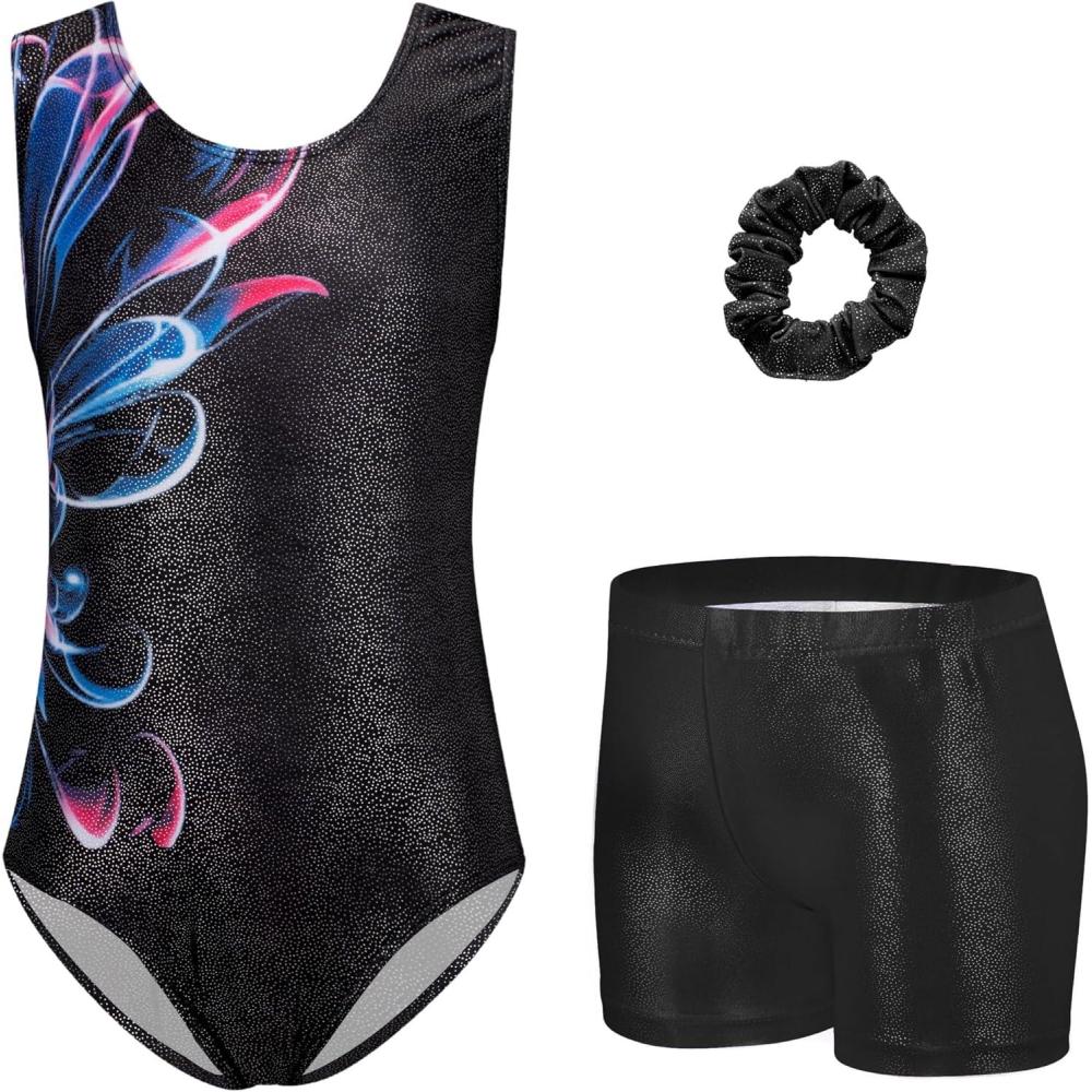 imageZaclotre Gymnastics Leotards for Girls Sparkly Sleeveless Dance Unitards Biketards with Gym ShortsBlackabstract