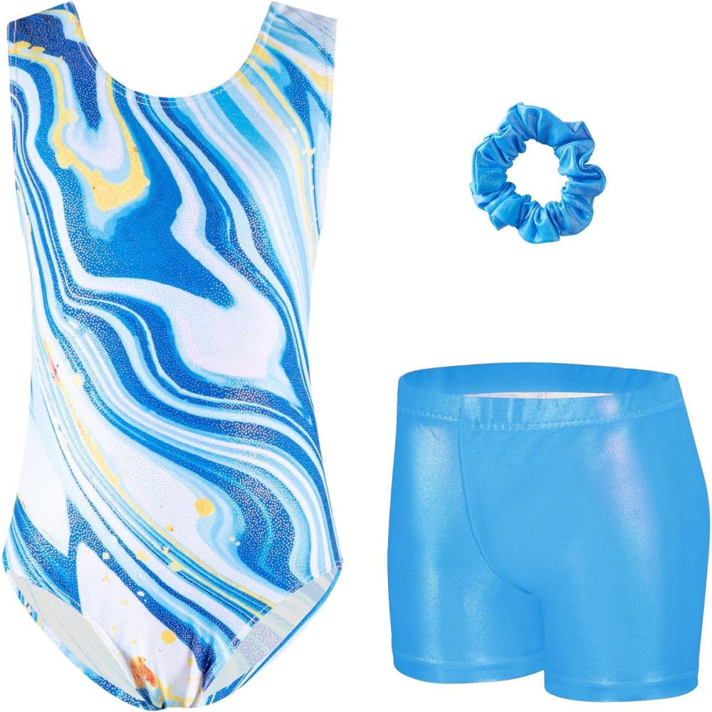 imageZaclotre Gymnastics Leotards for Girls Sparkly Sleeveless Dance Unitards Biketards with Gym ShortsBlueYellow Marble