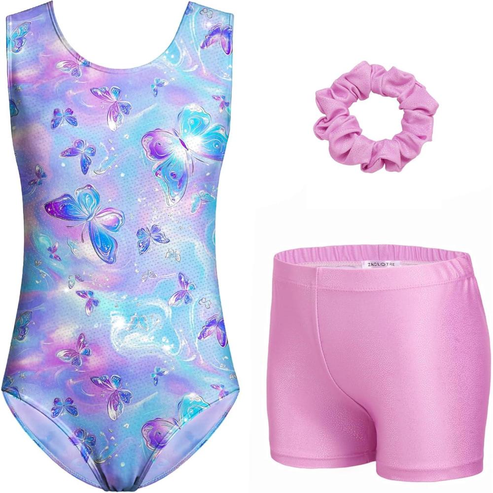 imageZaclotre Gymnastics Leotards for Girls Sparkly Sleeveless Dance Unitards Biketards with Gym ShortsGradient Butterfly