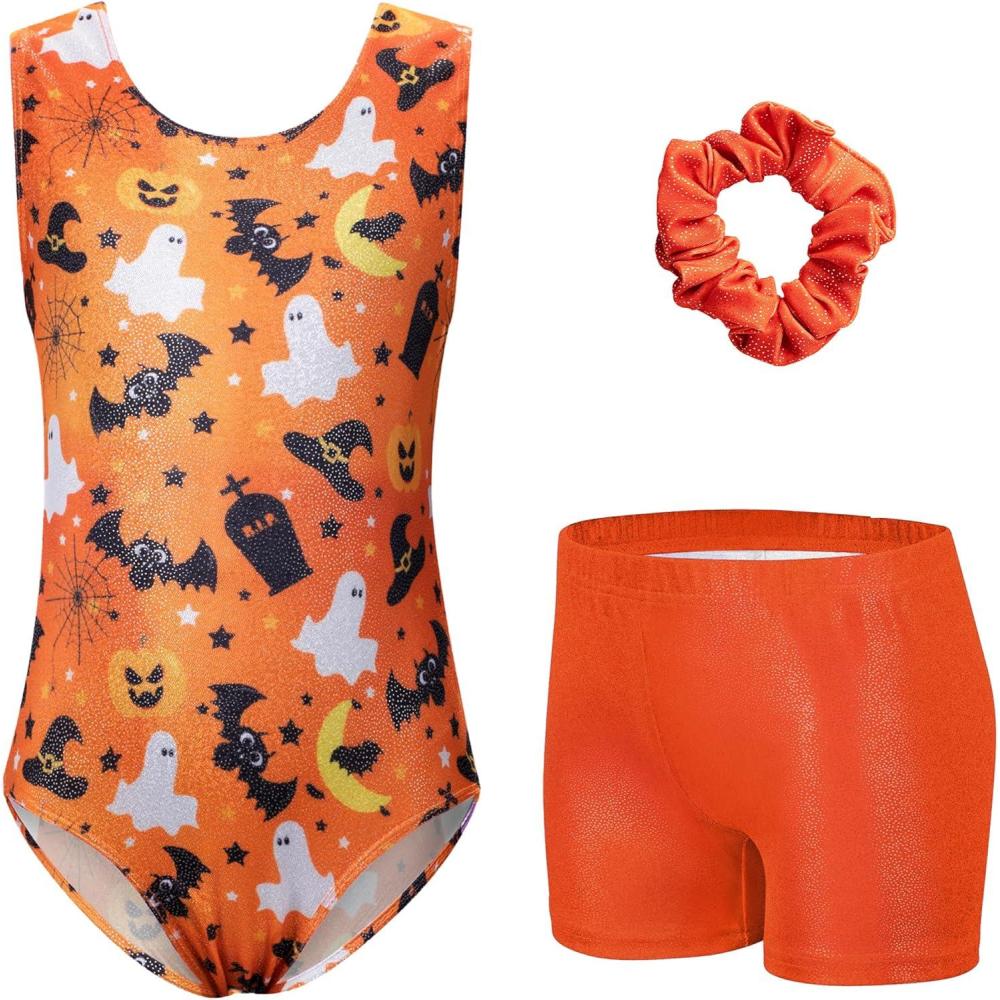 imageZaclotre Gymnastics Leotards for Girls Sparkly Sleeveless Dance Unitards Biketards with Gym ShortsOrangehalloween