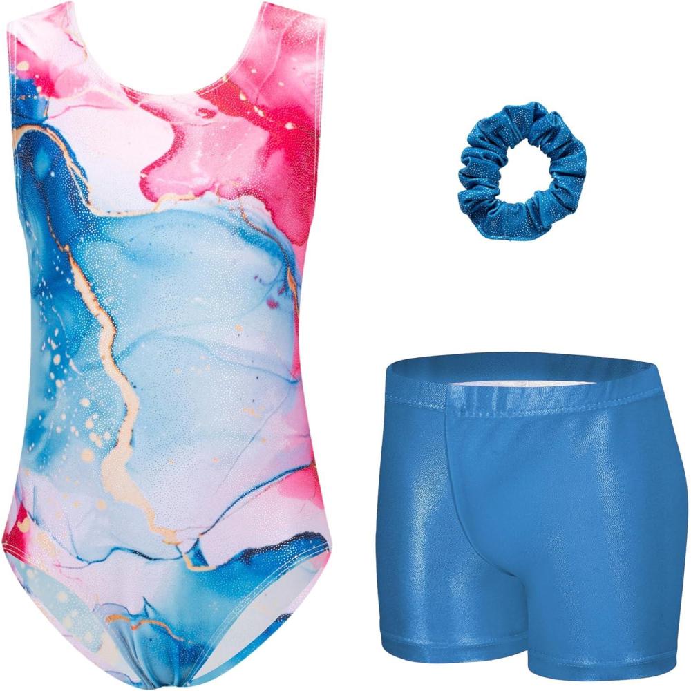 imageZaclotre Gymnastics Leotards for Girls Sparkly Sleeveless Dance Unitards Biketards with Gym ShortsPinkBlue Marble
