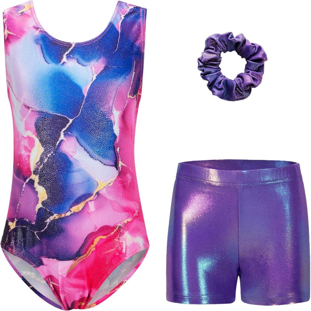 imageZaclotre Gymnastics Leotards for Girls Sparkly Sleeveless Dance Unitards Biketards with Gym ShortsPinkPurple Marble