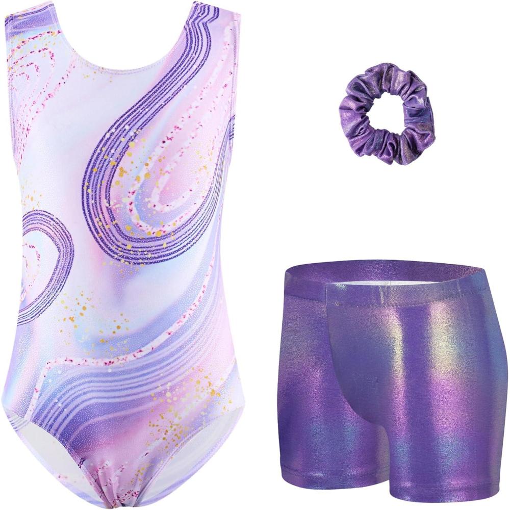 imageZaclotre Gymnastics Leotards for Girls Sparkly Sleeveless Dance Unitards Biketards with Gym ShortsPurple Marble