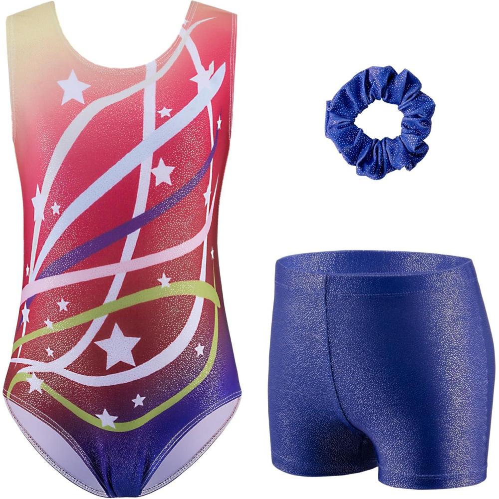 imageZaclotre Gymnastics Leotards for Girls Sparkly Sleeveless Dance Unitards Biketards with Gym ShortsTanRainbow Stars