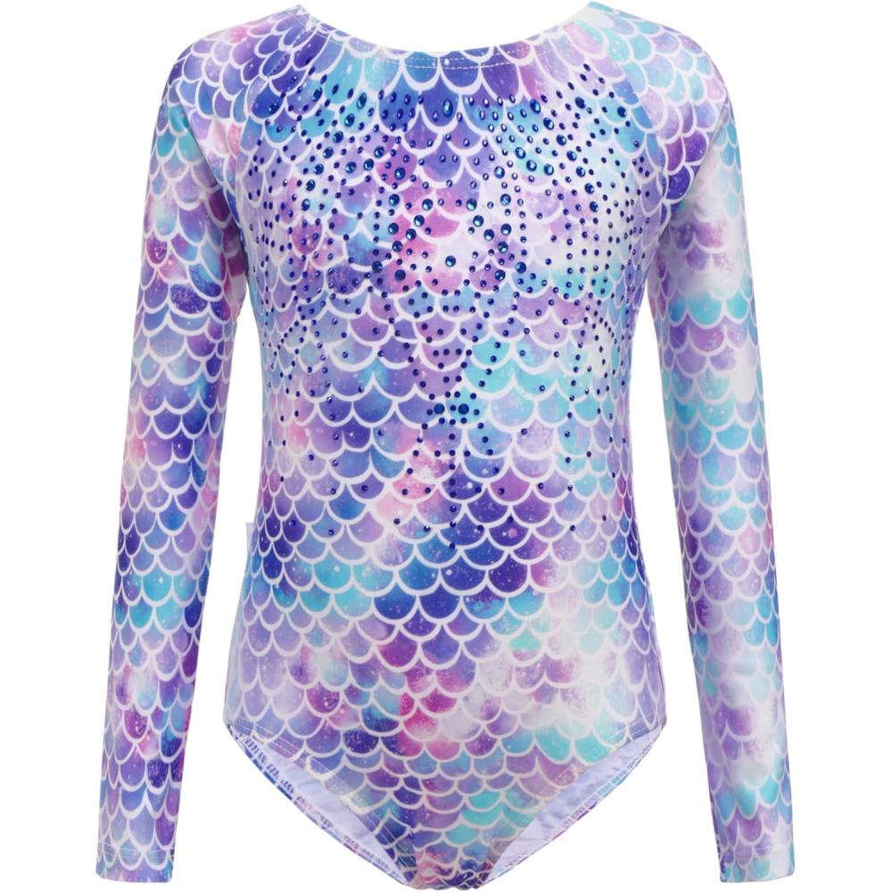 imageZaclotre Kid Girls Gymnastic Leotard Long Sleeve Color Gradient Sparkly Ballet Dance One Piece OutfitBlue Mermaid