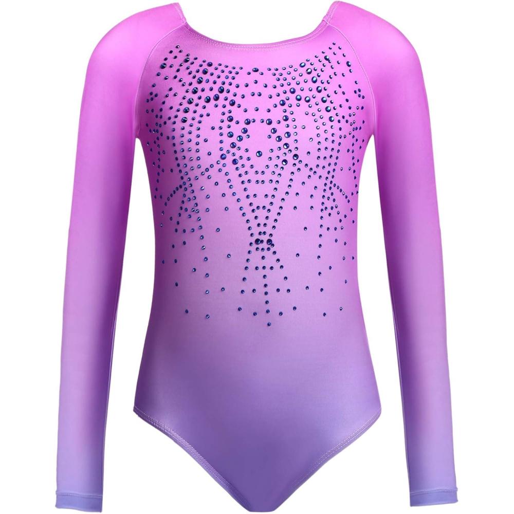 imageZaclotre Kid Girls Gymnastic Leotard Long Sleeve Color Gradient Sparkly Ballet Dance One Piece OutfitPink Lilac