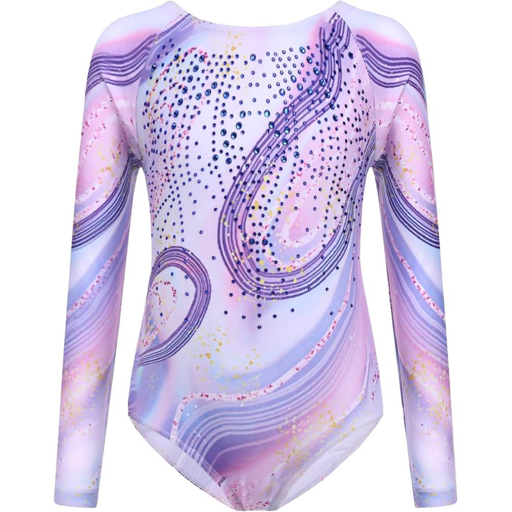imageZaclotre Kid Girls Gymnastic Leotard Long Sleeve Color Gradient Sparkly Ballet Dance One Piece OutfitPurple Marble