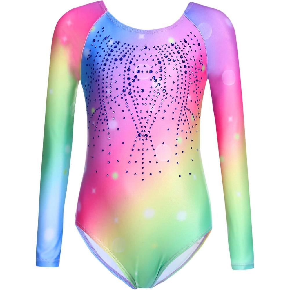 imageZaclotre Kid Girls Gymnastic Leotard Long Sleeve Color Gradient Sparkly Ballet Dance One Piece OutfitRainbow